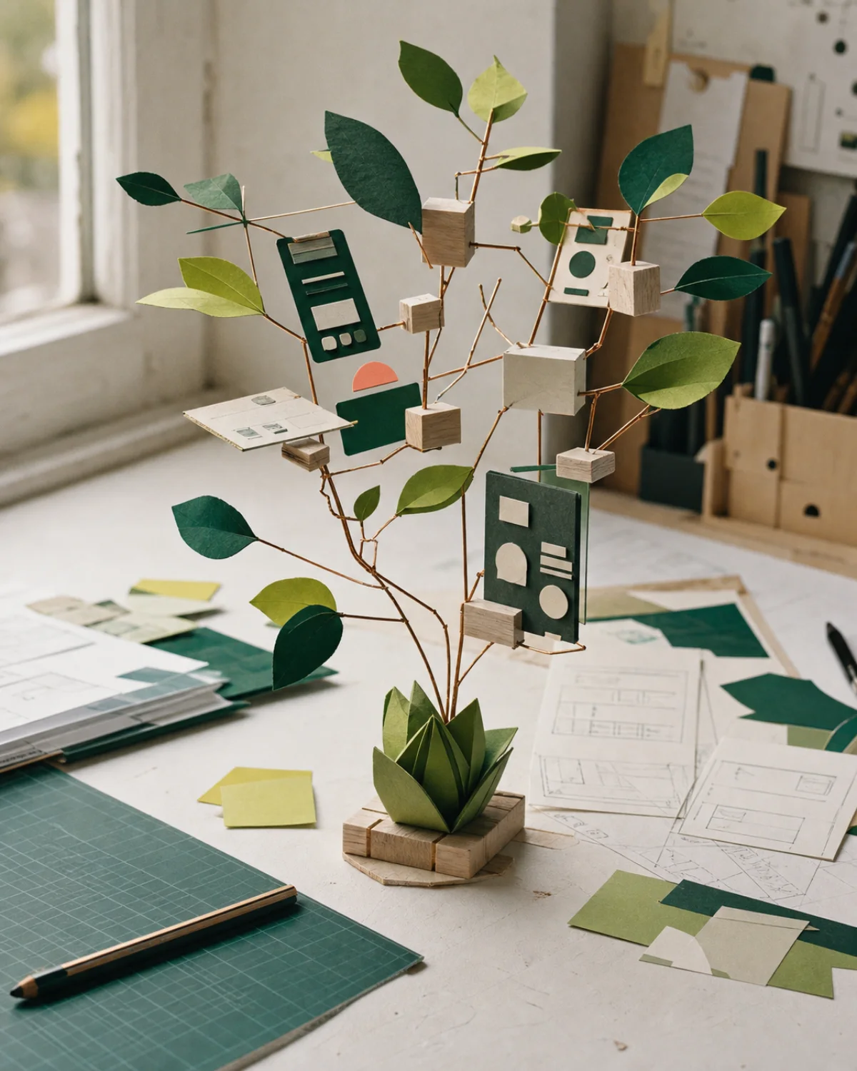 A handmade paper and copper product tree in a working design studio